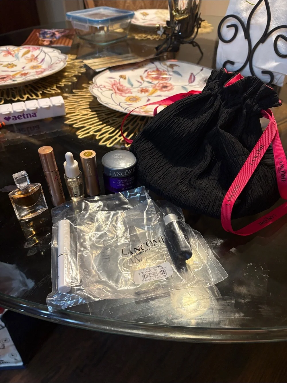 Lancome Makeup Gift Set with Black Pouch & Pink Ribbon Accents